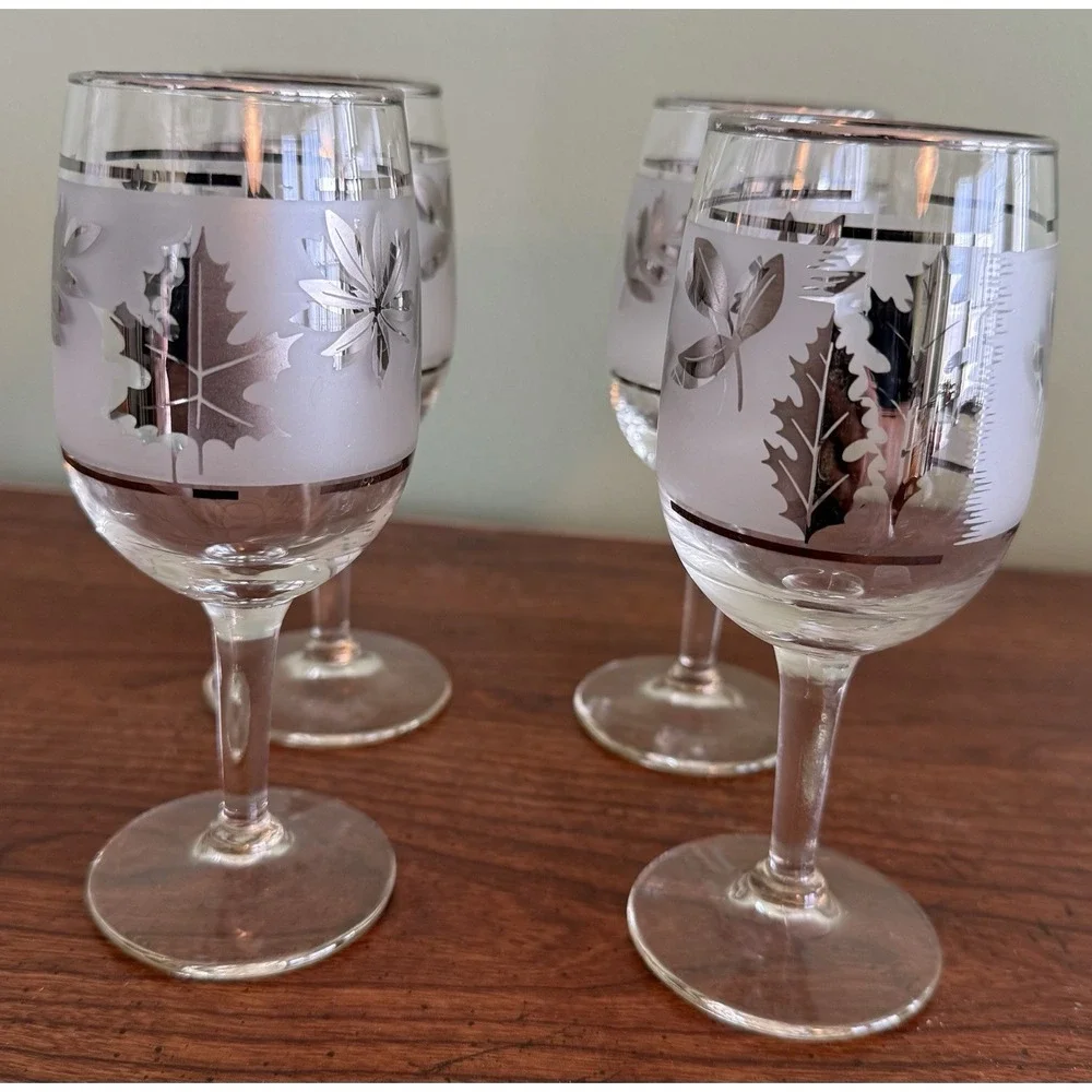 4 Vintage Libbey Glass Co. Silver Leaf Rimmed / Frosted Wine Glasses 5.75